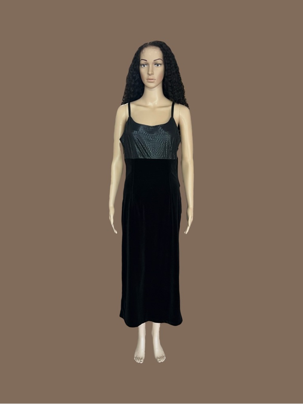 Black Velvet Slip Dress with Shimmering Textured Bodice